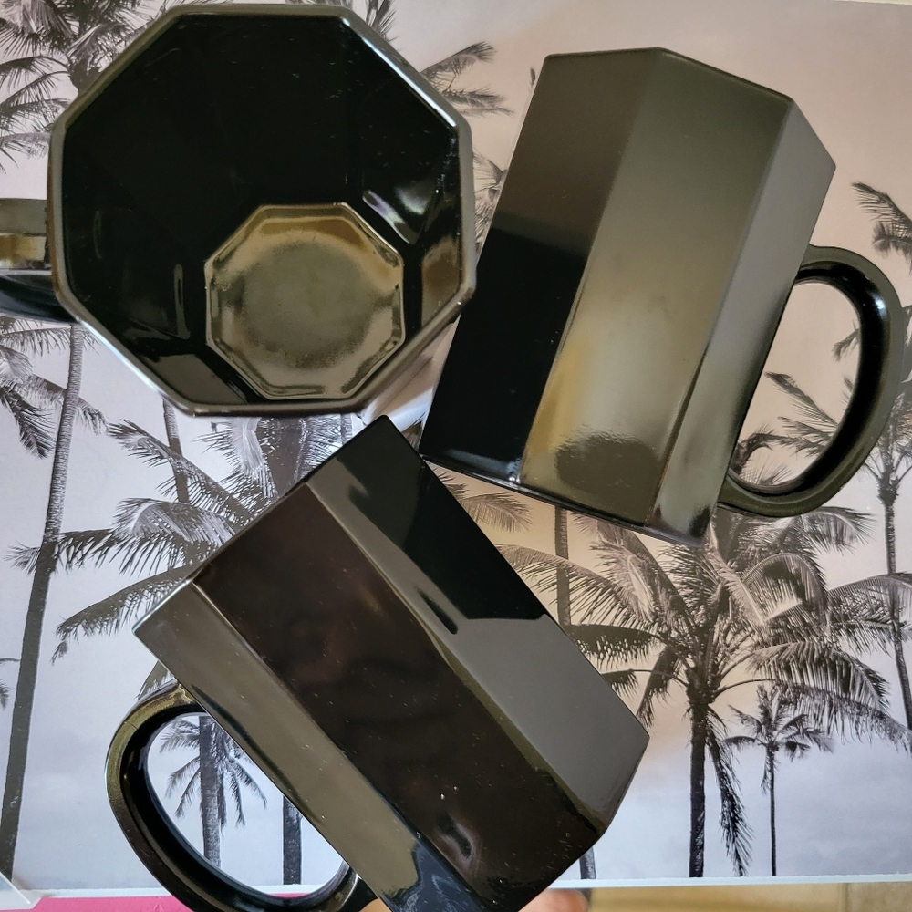 Vintage 1980s Black Arcoroc Octagon Octime Coffee Cups (3)) ~ France ~